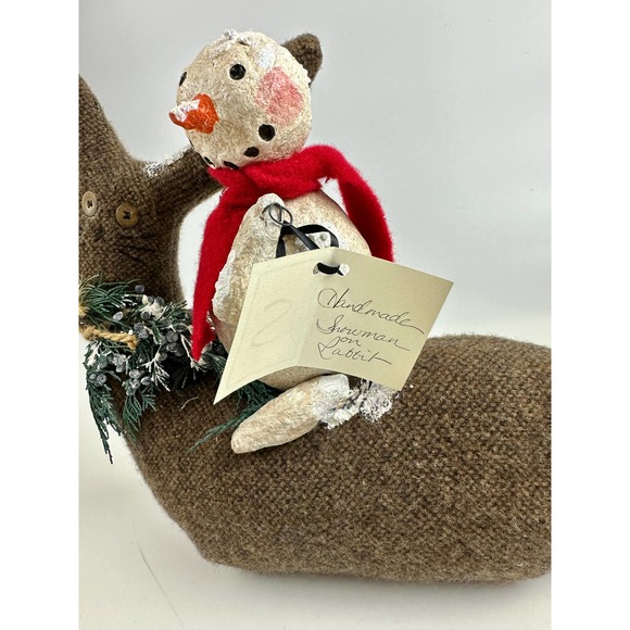 Vintage Snowman Riding A Large Bunny Rabbit Art Piece Soft Sculpture - Picture 4 of 11